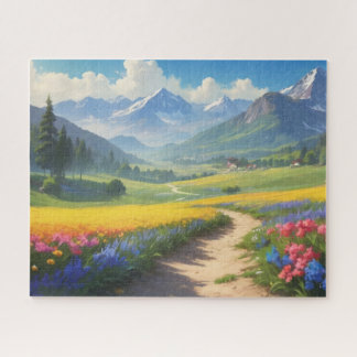 road leading to the village with mountains in the jigsaw puzzle