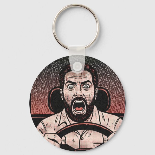 Road Rage Comic – Driver’s Fury Unleashed Key Ring (Front)