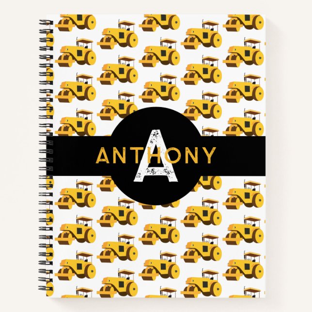 Road Roller Kids Construction Trucks Monogram Notebook (Front)