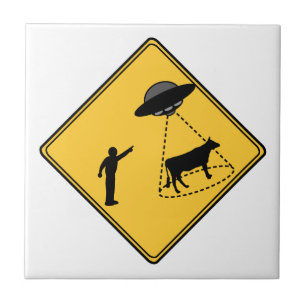Road Sign- Cow and UFO Ceramic Tile