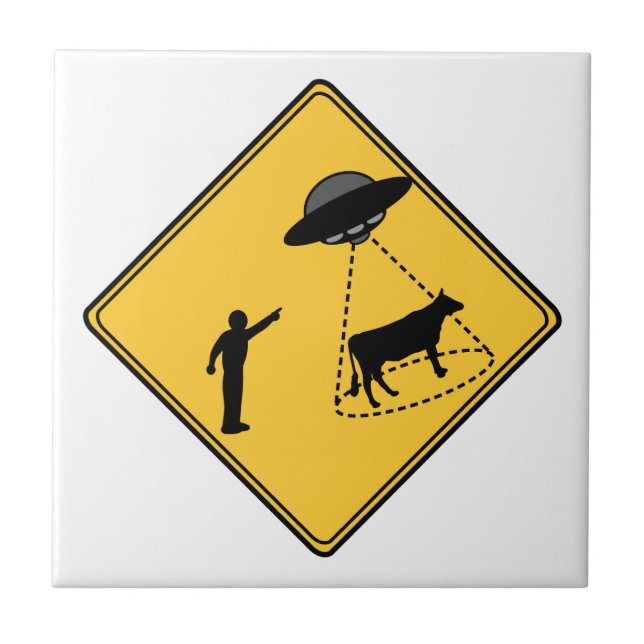 Road Sign- Cow and UFO Ceramic Tile (Front)