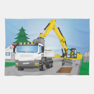 Road site with white truck and yellow excavator tea towel