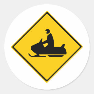 Road Snowmobile Warning Sign Snow Winter Classic Round Sticker