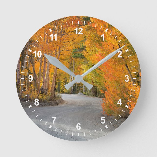 Road Through Autumn Aspens Round Clock (Front)