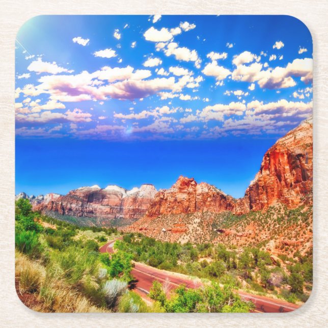 Road Through Zion National Park Square Paper Coaster (Front)