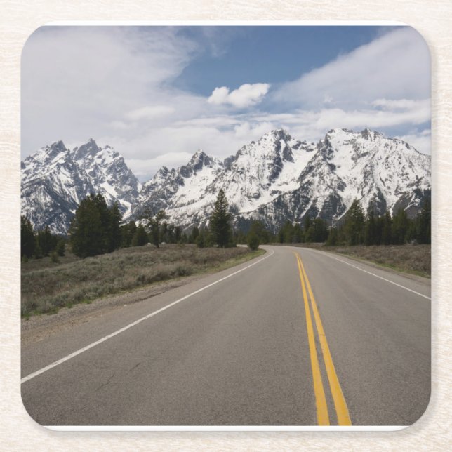 Road to the Teton Mountain Range Square Paper Coaster (Front)