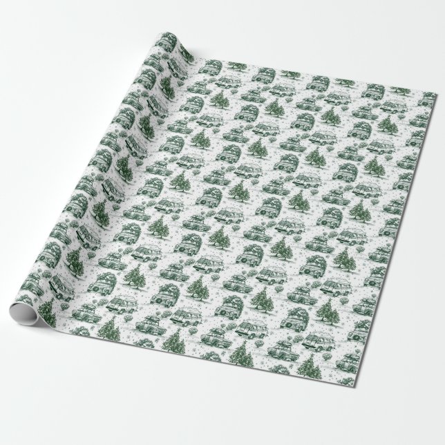 Road trip Christmas holiday toile | green Wrapping Paper (Unrolled)