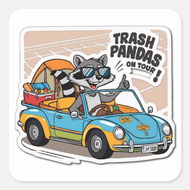 Road Tripping Racoon - Camping Adventure Pun Meme Square Sticker (Front)