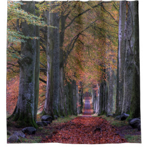 ROAD WITH FALLING LEAVES IN BETWEEN OF TREES SHOWER CURTAIN