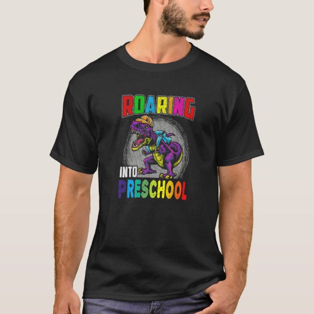 Roading Into Preschool Colourful Rex Dinosaur Pre  T-Shirt (Front)