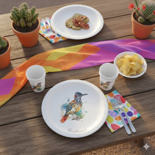 Roadrunner in vibrant watercolor paper plate
