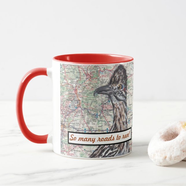 Roadrunner New Mexico Map Santa Fe Humour Highways Mug (With Donut)