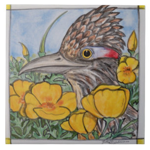 Roadrunner w/California Poppy Wildlife Yellow Art Ceramic Tile