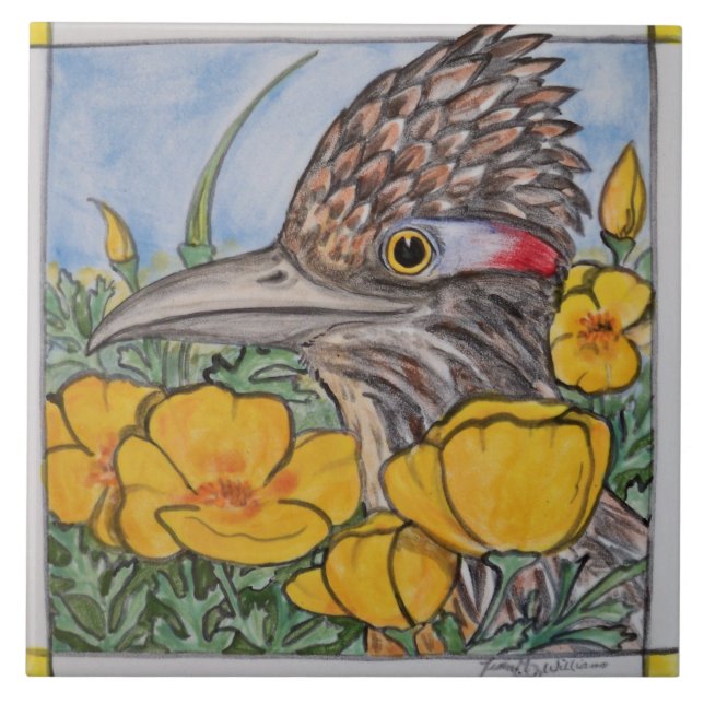 Roadrunner w/California Poppy Wildlife Yellow Art Ceramic Tile (Front)
