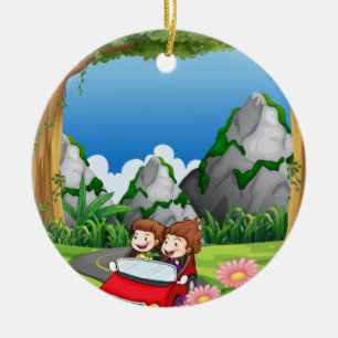 RoadtripPeople riding along the green forest Ceramic Ornament