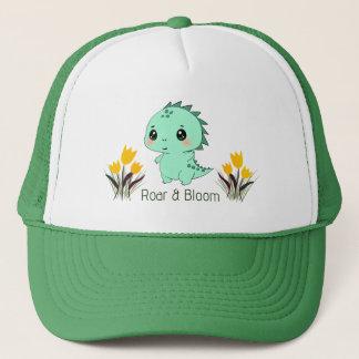 Roar & Bloom Cute Green Dinosaur Trucker Hat
