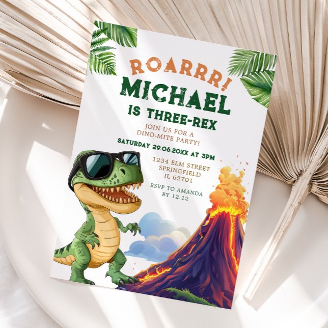 Roar Boy Three-Rex Dinosaur Volcano 3rd Birthday Invitation (Creator Uploaded)
