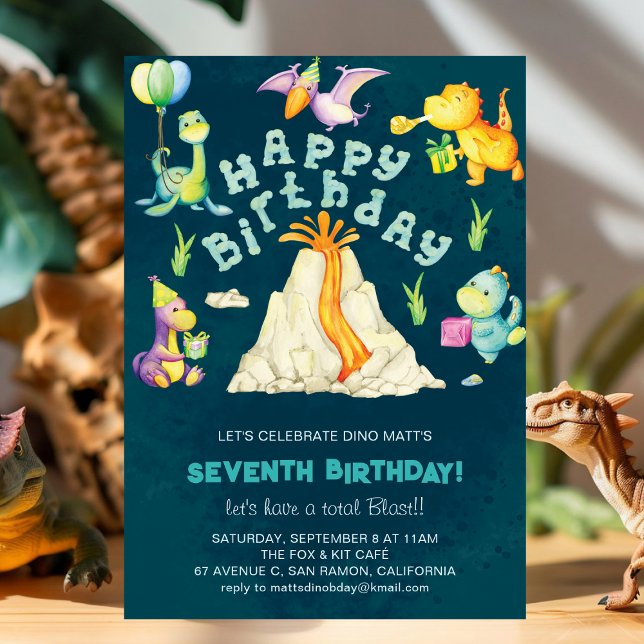 Roar Cute Watercolor Dino & Volcano Birthday Invitation (Creator Uploaded)