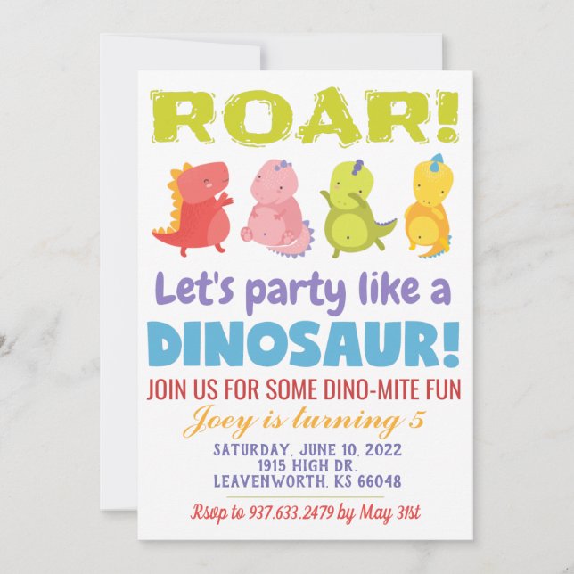 Roar Dinosaur Birthday Invitation (Front)