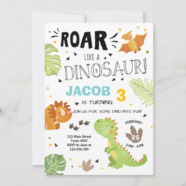 Roar Dinosaur birthday invitation Dino Party Boy (Front)