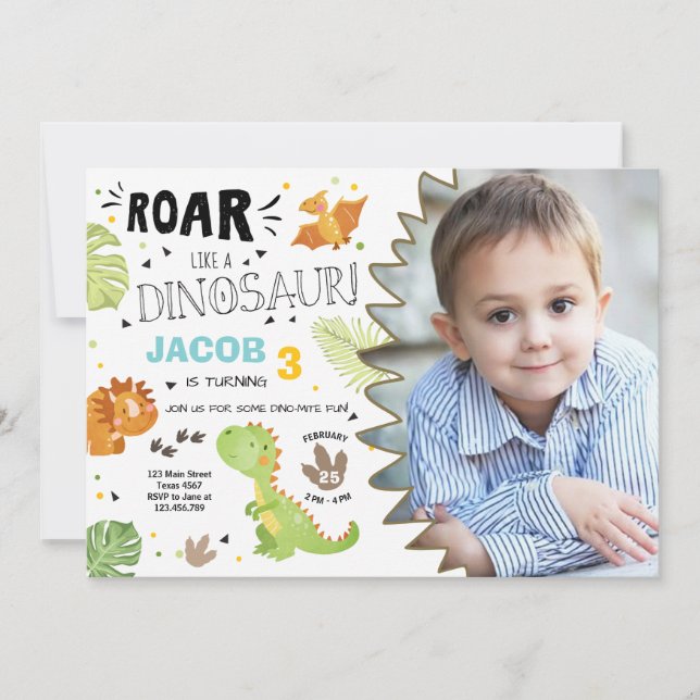 Roar Dinosaur birthday invitation Dino Party Boy (Front)