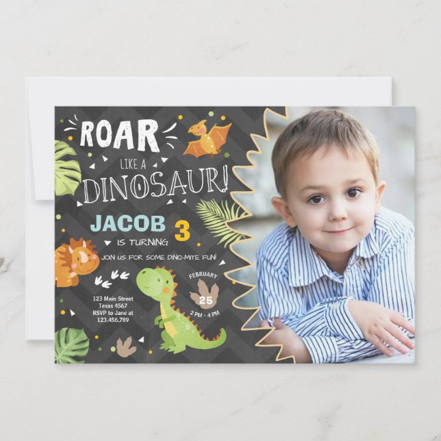 Roar Dinosaur birthday invitation Dino Party Boy (Front)