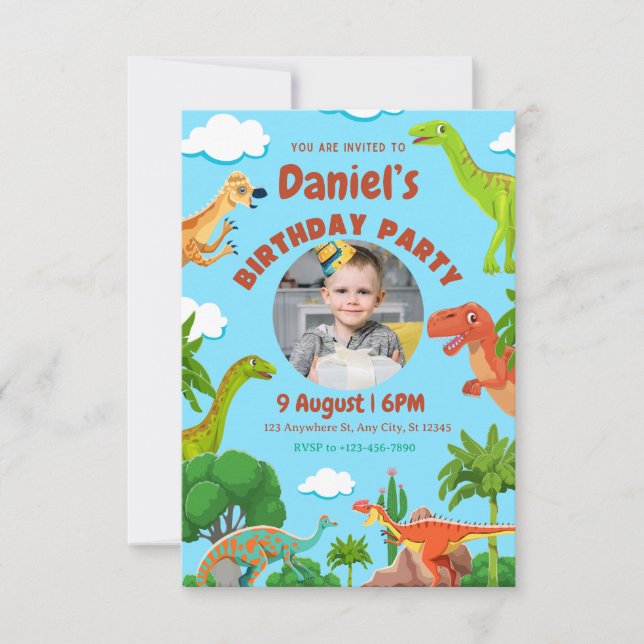 Roar Dinosaur Birthday Invitation with Photo Party (Front)