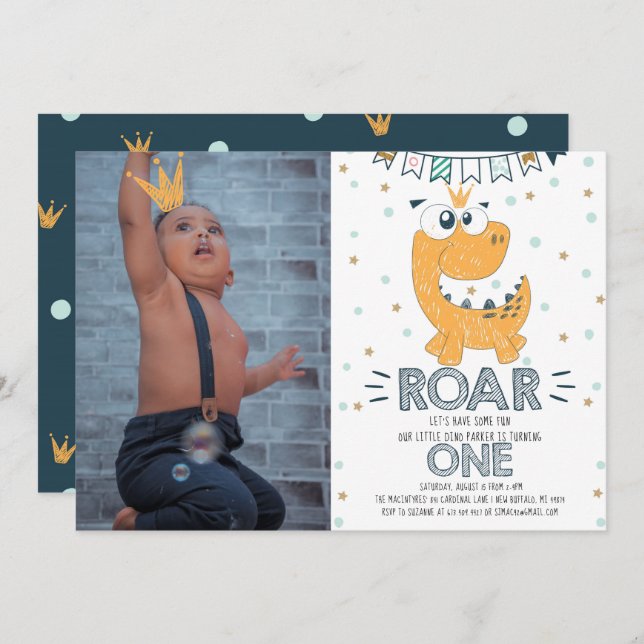 ROAR Dinosaur First Birthday Photo Invitation (Front/Back)