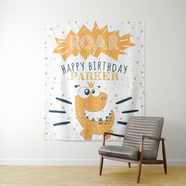 ROAR Dinosaur Happy Birthday Personalised Tapestry (In Situ)