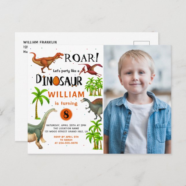Roar Dinosaur Jungle Birthday Photo Invitation Postcard (Front/Back)