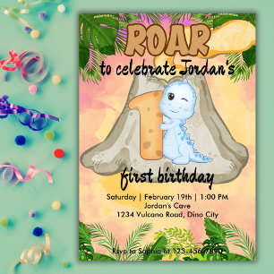 Roar Dinosaur Vulcano Theme Girl Boy 1st Birthday Invitation