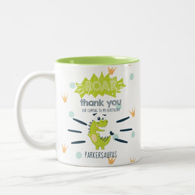 ROAR Green Dinosaur Birthday Favour Personalised Two-Tone Coffee Mug (Left)