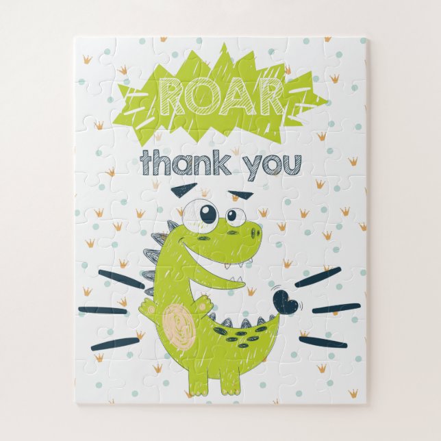 ROAR green Dinosaur Birthday Thank you Favour Jigsaw Puzzle (Vertical)