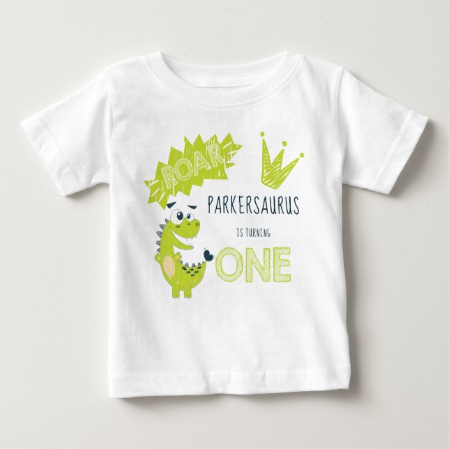 ROAR Green Dinosaur First Birthday Baby T-Shirt (Front)