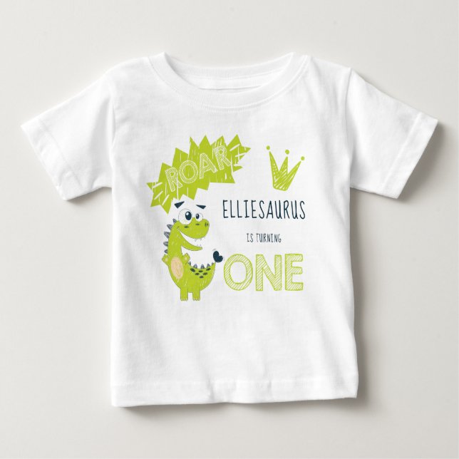 ROAR Green Dinosaur First Birthday Girl Baby T-Shirt (Front)