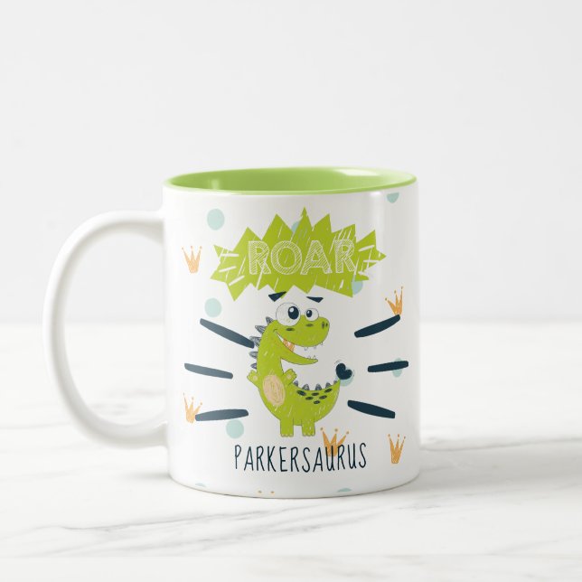 ROAR Green Dinosaur Personalised Two-Tone Coffee Mug (Left)