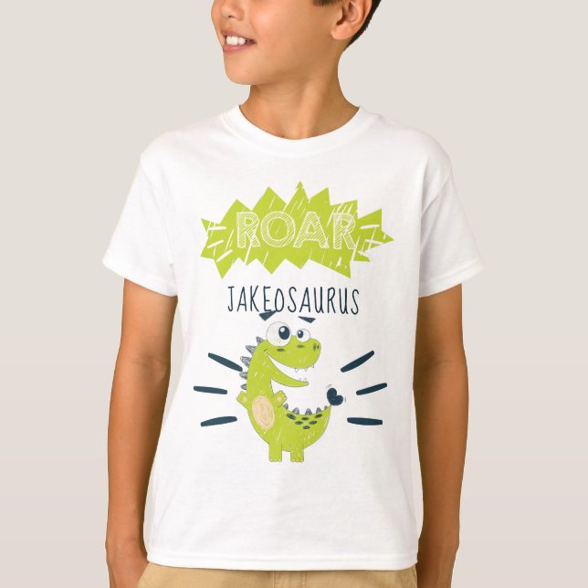 ROAR Green Personalised Dinosaur Birthday T-Shirt (Front)