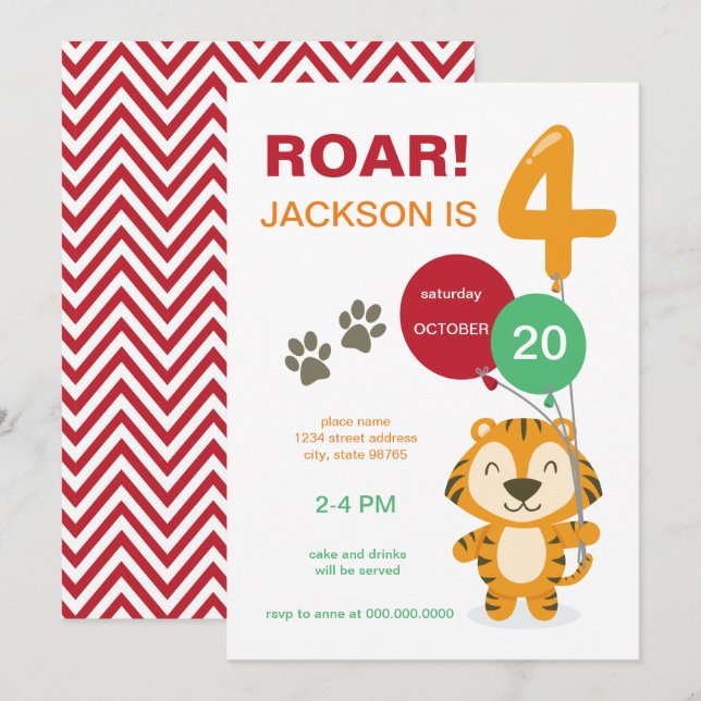 Roar I'm Four Tiger CIrcus Zoo Fourth Birthday Invitation (Front/Back)