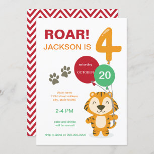 Roar I'm Four Tiger CIrcus Zoo Fourth Birthday Invitation