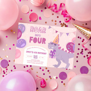 Roar Into 4 Invitations. Dinosaur Girl 4th Invitation