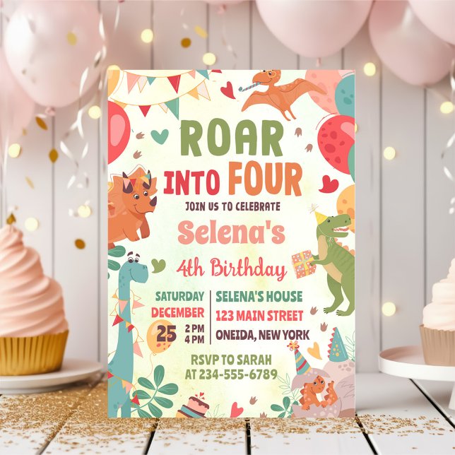 Roar Into Four Dinosaur 4th Birthday Party Invitation (Creator Uploaded)