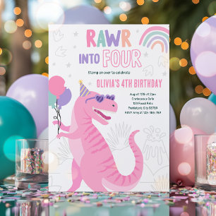 Roar Into Four T-Rex Dinosaur 4th Birthday Party  Invitation