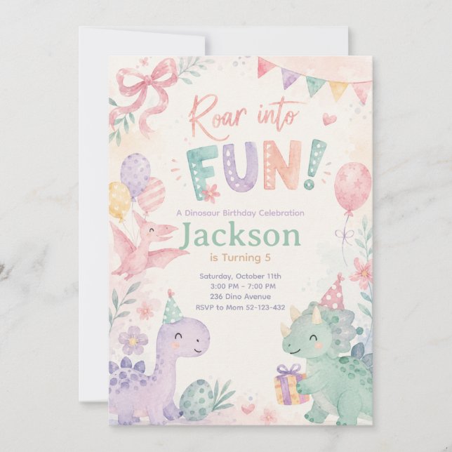 Roar Into Fun Dinosaur Invitation Editable (Front)