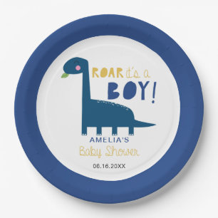 Roar it's a boy Dinosaur Baby Shower Cute Blue Paper Plate