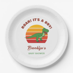 Roar Its A Boy Dinosaur Baby Shower Retro Sunset Paper Plate