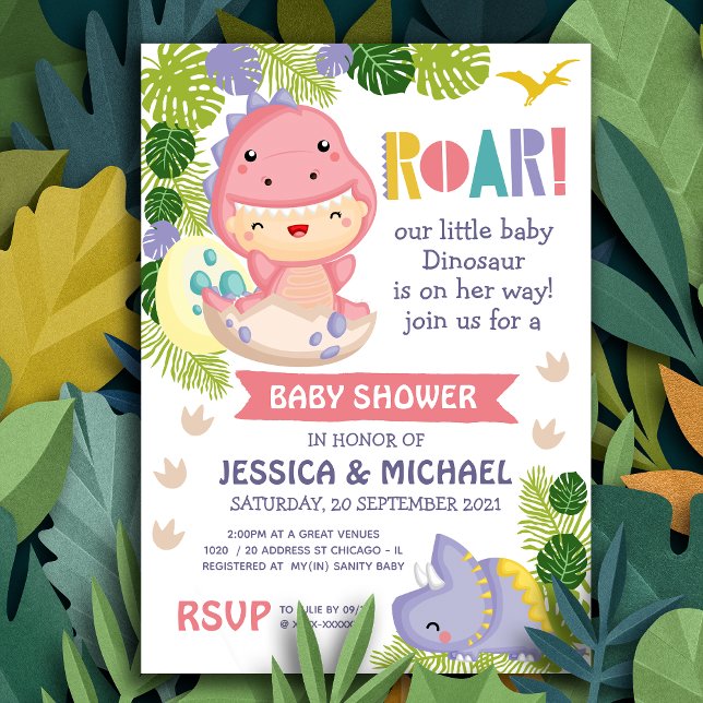 Roar It's A Girl Dinosaur Baby Shower Invitation (Roar it's a dinosaur!)