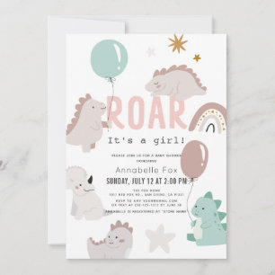 Roar It's a Girl Pink Dinosaur Baby Shower Invitation