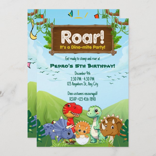 Roar-some Blue & Green Dinosaur Birthday Party Invitation (Front/Back)