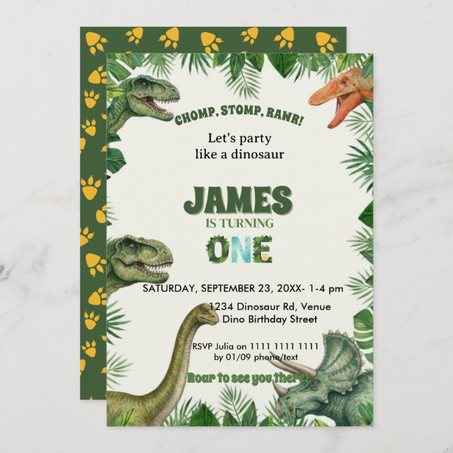 Roar-some Dinosaur 1st Birthday Invitation (Front/Back)