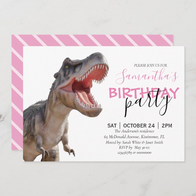 ROAR-some Dinosaur Girl Birthday Celebration! Announcement (Front/Back)